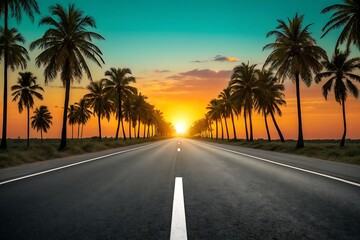 Scenic tropical road lined with palm trees leading to a vibrant sunset