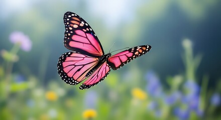 Fototapeta premium Pink Butterfly in Flight Against Soft Pastel Background with Bokeh Light and Graceful Wings