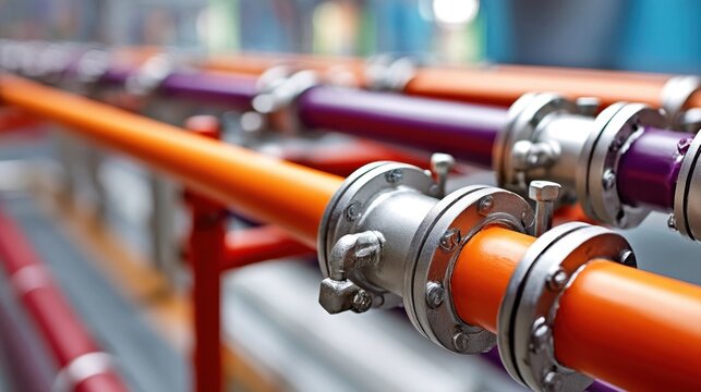 Colorful industrial pipes with metal joints run parallel in a factory or plant setting, highlighting engineering and infrastructure.
