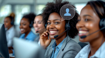 Customer Service and Support. friendly, diverse group of customer service representatives are seated in a clean, brightly lit call center, wearing headsets and smiling warmly.