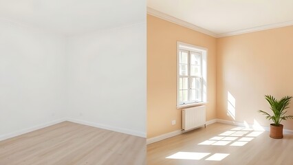 Simple room comparison showing plain walls versus freshly painted walls with natural light.
