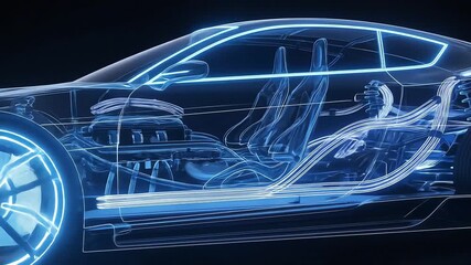 Futuristic Neon Blueprint Sports Car Interior Engine and Wheel Details Revealed in Blue Light. - Powered by Adobe