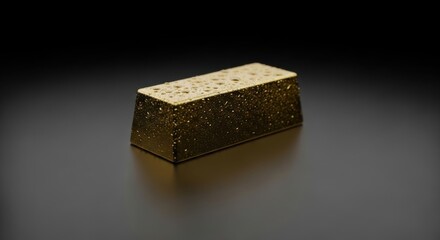 Golden Glittering Bar of Soap with Textured Surface on Dark Reflective Background