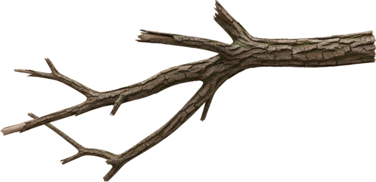 Detailed view of a rough textured tree branch with small green moss patches isolate wood bark texture