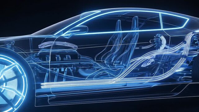 Futuristic Neon Blueprint Sports Car Interior Engine and Wheel Details Revealed in Blue Light.