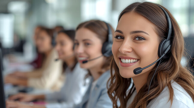 Customer Service and Support. friendly, diverse group of customer service representatives are seated in a clean, brightly lit call center, wearing headsets and smiling warmly.
