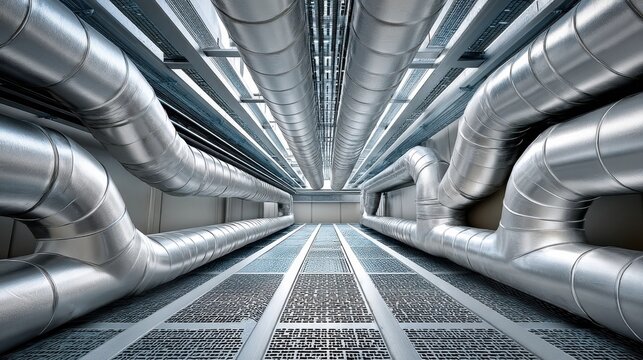 Large metallic air ducts and pipes run along a modern industrial ceiling, creating a symmetrical, futuristic tunnel-like perspective.