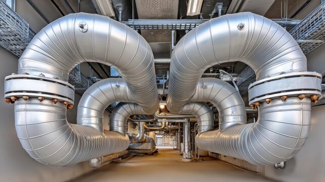 Two large industrial metal pipes with multiple bends run parallel in a facility, showcasing complex engineering and modern infrastructure.