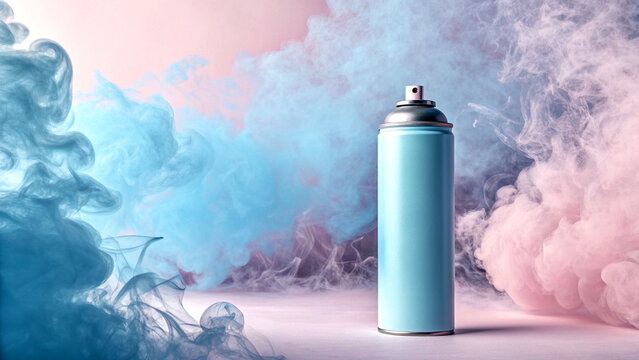 Light blue aerosol can spraying mist on pastel background