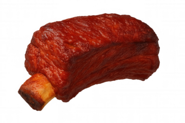 Sizzling barbecued rib gleaming with rich marinade, transparently showcasing meaty texture and grilled perfection for food styling