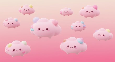 Adorable Pink Clouds with Pastel Decorations - 3D Render