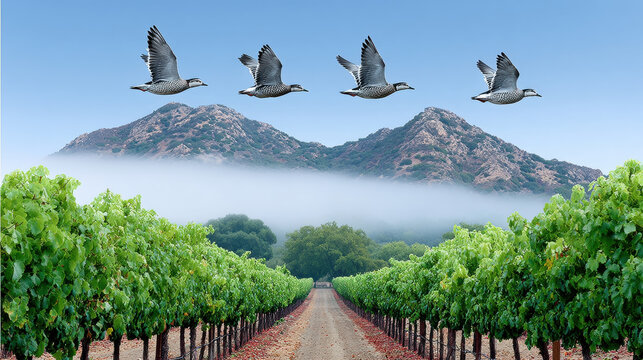 Morning mist covers vineyard hill as four birds fly above green grapevines, with dirt path leading toward distant mountains under clear blue sky, creating peaceful scene