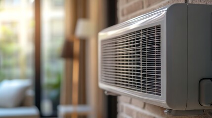 Air conditioning unit mounted on a brick wall in a modern living space, with natural light streaming through large windows, creating a comfortable indoor environment