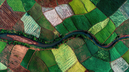 Colorful aerial view of patchwork farmland divided by winding river in vivid greens and browns