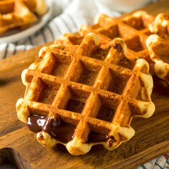 Golden waffles drizzled with chocolate