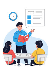 Engaging teacher leads lesson with students at desk in bright classroom setting, fostering learning