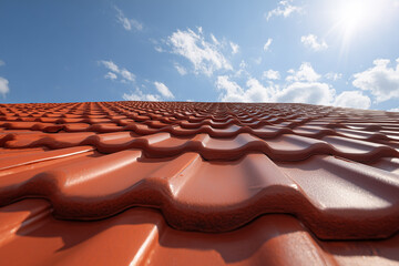 Close-up view of a textured red roof with wavy tiles under a bright blue sky