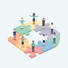 People standing on puzzle pieces forming a circle.