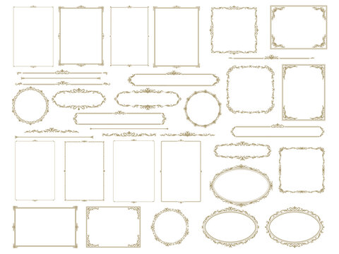 Antique decor frame and border, vintage royal floral ornament pattern. Vector set of refined ornamental frames and dividers. Rectangular, oval, square, round shapes with floral and baroque flourishes