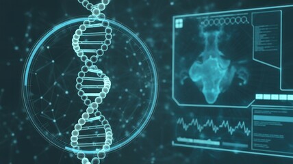 Futuristic holographic display of dna helix and human anatomy in medical research