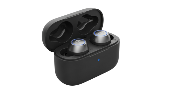Wireless earbuds in charging case modern technology product