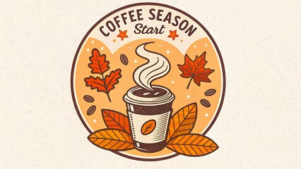 Cozy autumn coffee season begins with steaming hot beverage and falling leaves emblem