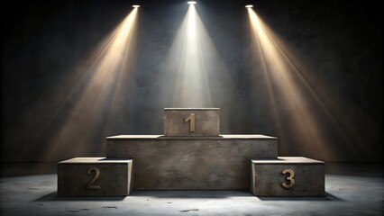 A concrete winners podium with numbered places 1, 2, 3 illuminated by bright spotlights against a dark, textured background, symbolizing success and ranking