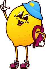 Cartoon groovy lemon fruit character wearing a blue cap and red backpack, striking a playful pose with finger up gesture. Vector fun and cheerful citrus schoolboy personage promotes education for kids