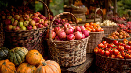 Baskets filled with apples squash and tomatoes displayed at a rustic farm market showcasing fresh organic seasonal produce