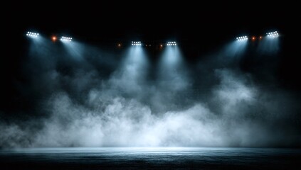 Illuminated stadium lights shine brightly through swirling smoke creating an atmospheric arena space