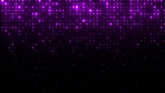 Purple glowing blinking lights. Grid pattern with random size dots. Shimmering particles abstract background for festive design, New Year. 4K loop animation.