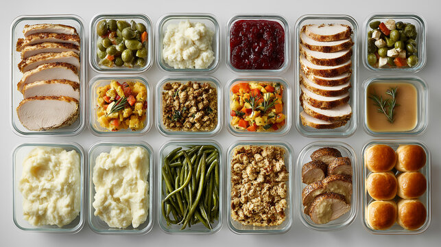 Thanksgiving dinner leftovers in glass meal prep containers.