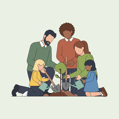 Fototapeta premium Diverse group of people tending to a small plant together.