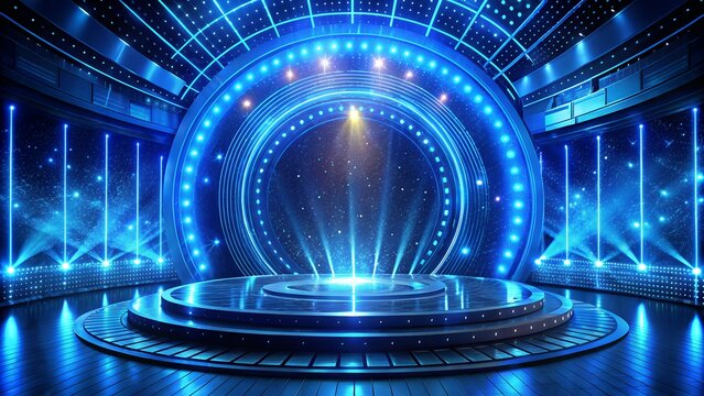 A futuristic, illuminated stage with a circular platform and a grand, arched backdrop adorned with vibrant blue led lights and spotlights, creating a dynamic and energetic performance or event space