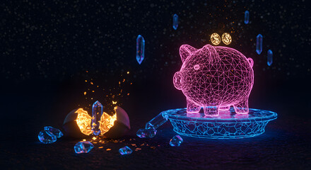 Futuristic digital hologram of a piggy bank with coins and digital effects in vibrant neon colors showcasing innovation technology and modern virtual concepts