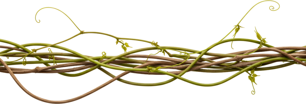 Intertwined green and brown plant vines with small leaves and curly tendrils isolated greenery nature transparent background