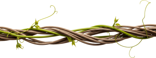 Tangled brown vines interwoven with vibrant green tendrils and new leaves branch growth nature plant transparent background