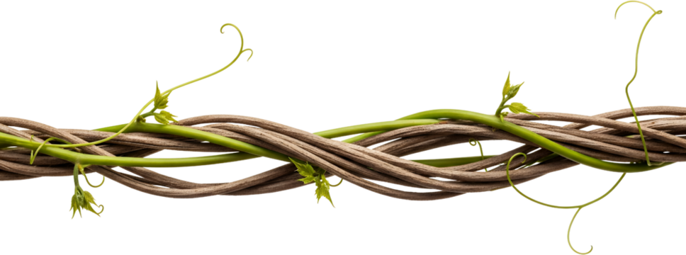 Tangled brown vines interwoven with vibrant green tendrils and new leaves branch growth nature plant transparent background
