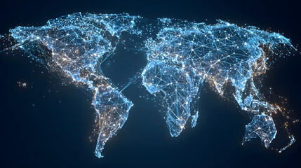 Polygon world map with blockchain technology peer topeer network on blue backgound. Network, p2p busines, e-commerce, bitcoin tradng and global cryptocurreny blockchain business bannr concept.,