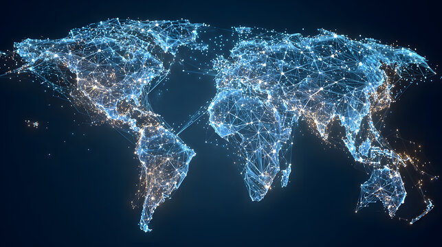 Polygon world map with blockchain technology peer topeer network on blue backgound. Network, p2p busines, e-commerce, bitcoin tradng and global cryptocurreny blockchain business bannr concept.,