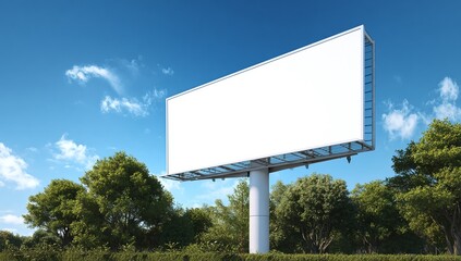 Fototapeta premium Large blank white billboard structure stands tall under a bright blue sky and green trees