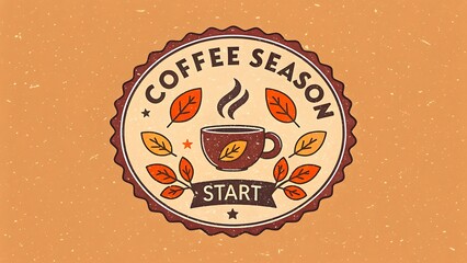 Cozy autumn coffee season begins with warm mug and falling leaves emblem