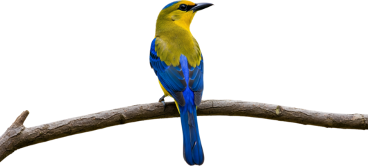 Vividly colored yellow and blue bird perched on a textured branch isolated for easy use nature wildlife transparent background
