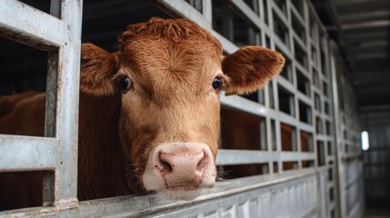 Cow Cage. Brown Cattle in Barn Crate on Truck for Agriculture Transport
