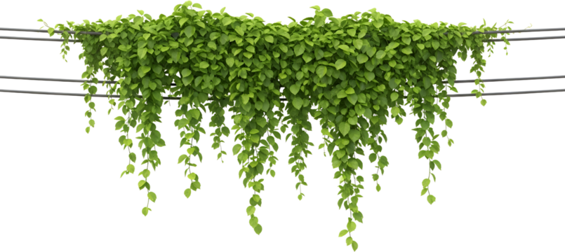 Lush green ivy vine with cascading leaves hanging from horizontal wires isolate plant foliage natural