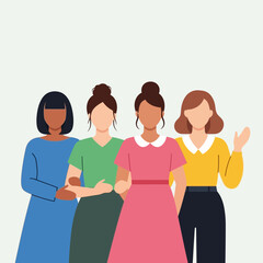 Obraz premium Four women stand together in a friendly pose.