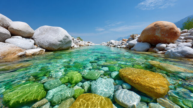Clear river water flows over smooth colorful stones under bright blue sky, creating tranquil and refreshing natural landscape with vibrant reflections and rocky riverbank - Powered by Adobe