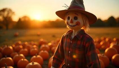 A scarecrow standing in a field of miniature pumpkins, autumn setting, golden hour, Halloween decorations, clear sky, vibrant colors.