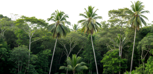 Lush tropical rainforest canopy with tall palm trees and dense green foliage transparent background isolate transparent background
