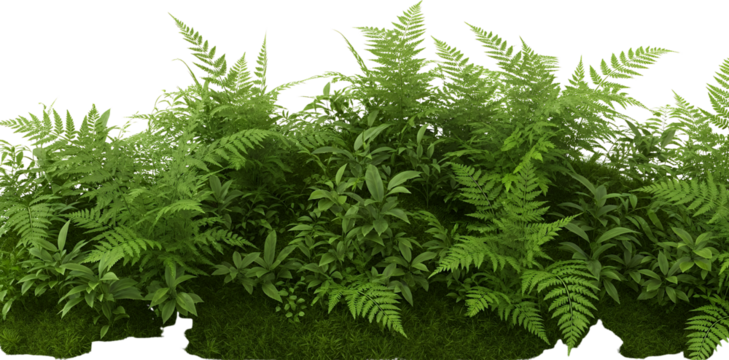 Dense green fern plants and various tropical foliage sprout from mossy ground isolate leaf growth nature